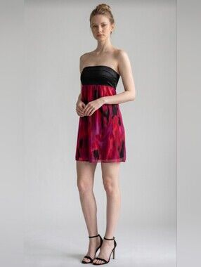 BEBE! 2B! BLACK SATIN BODICE, RED, PURPLE & BLACK ABSTRACT CHIFFON DRESS! SZ S